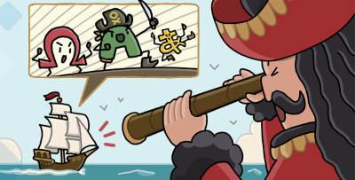 Pirata con un catalejo mirando hacia un barco del que salen letras diversas.