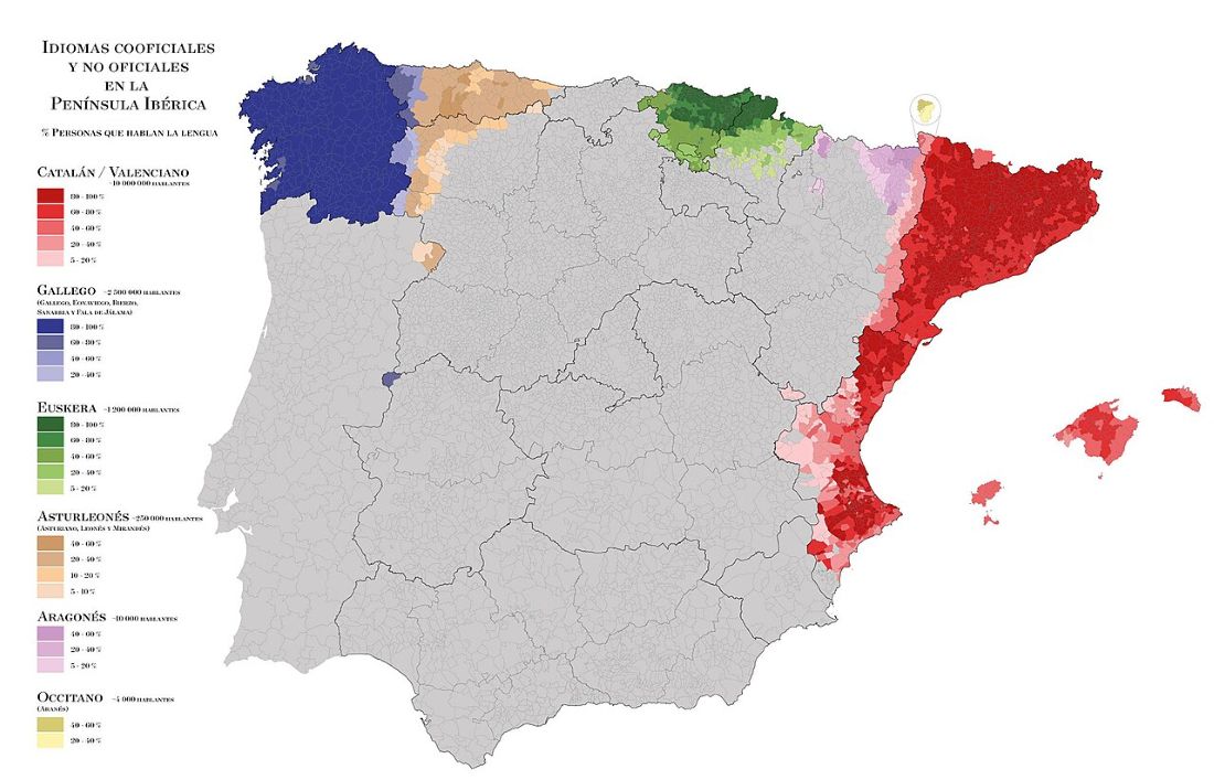 Mapa lenguas cooficiales y no oficiales en España.