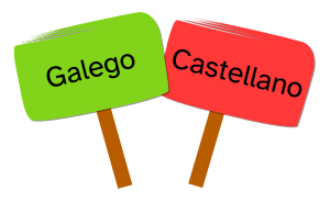 Un cartel verde que pone galego y otro rojo que pone castellano
