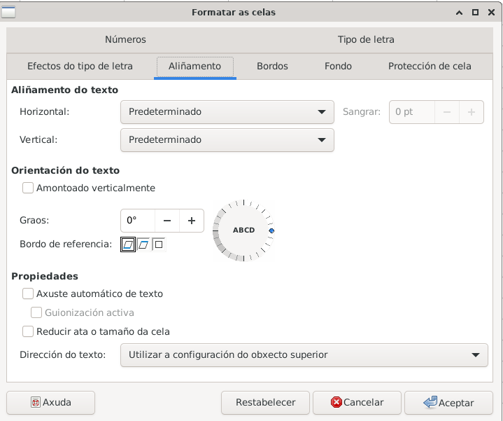 Imaxe do menú formato de celas - aliñamento