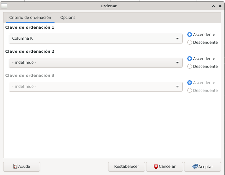 Imaxe do menú para ordenar datos