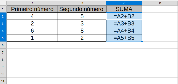 Na imaxe pódese ver unha captura de pantalla de LibreOffice Calc na que se emprega a referencia relativa