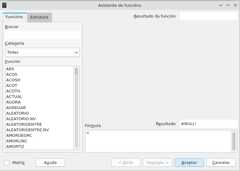 Captura de pantalla do asistente de funcións de Calc, na que se amosan os nomes de todas as funcións.
