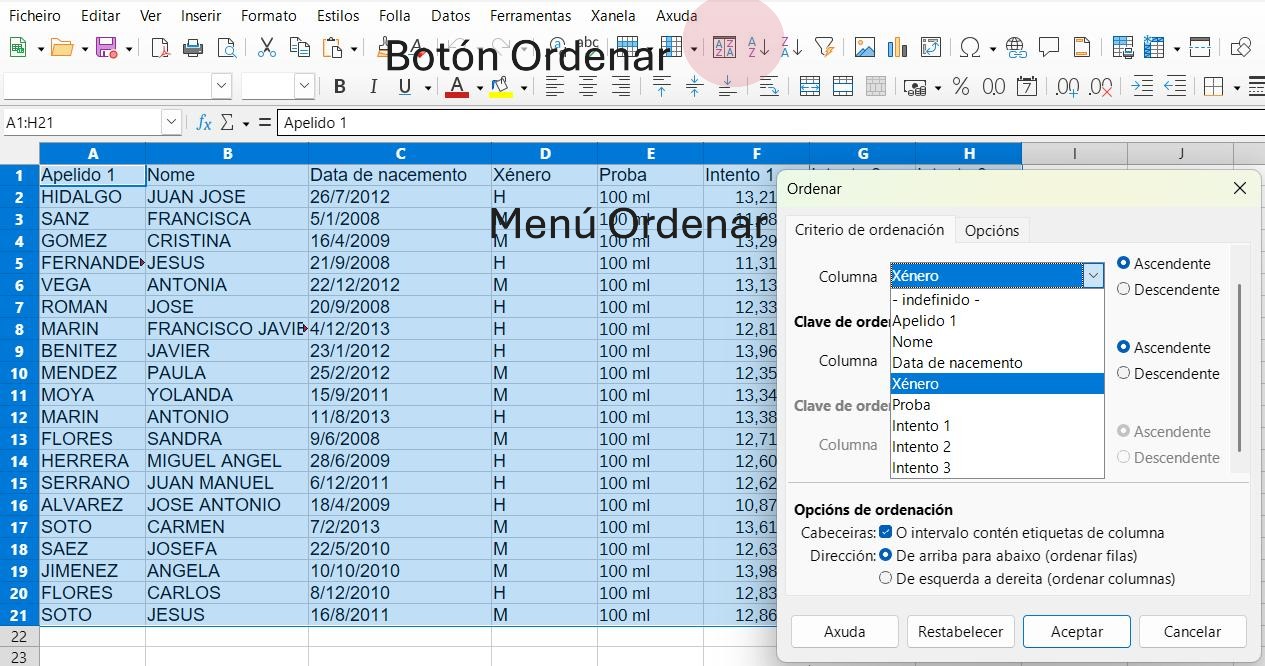 Captura de Calc co botón e menú Ordenar
