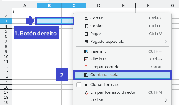 Captura de pantalla do menú combinar celas de LibreOffice Calc