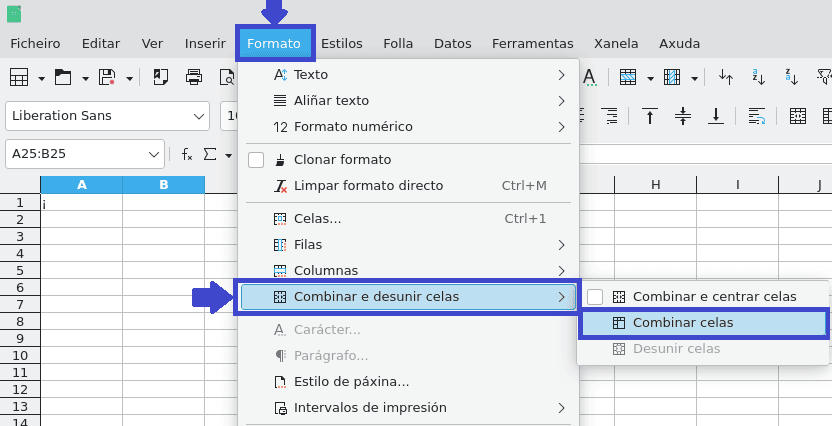 Captura de pantalla do menú combinar celas de LibreOffice Calc