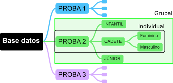 Esquema coa xerarquía de datos da folla de cálculo das probas deportivas: varias probas con tres categorías por proba. Na imaxe se indica que cada grupo se ocupa dunha proba e cada membro do grupo, dunha categoría.