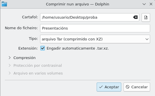 A imaxe amosa unha ventá de diálogo Abalar para comprimir en .tar.xz