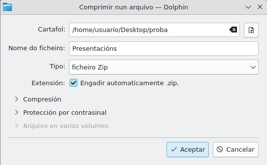 A imaxe amosa unha ventá de diálogo Abalar para comprimir en .zip