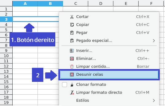 Captura de pantalla do menú desunir celas de LibreOffice Calc