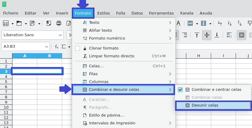 Captura de pantalla do menú desunir celas de LibreOffice Calc