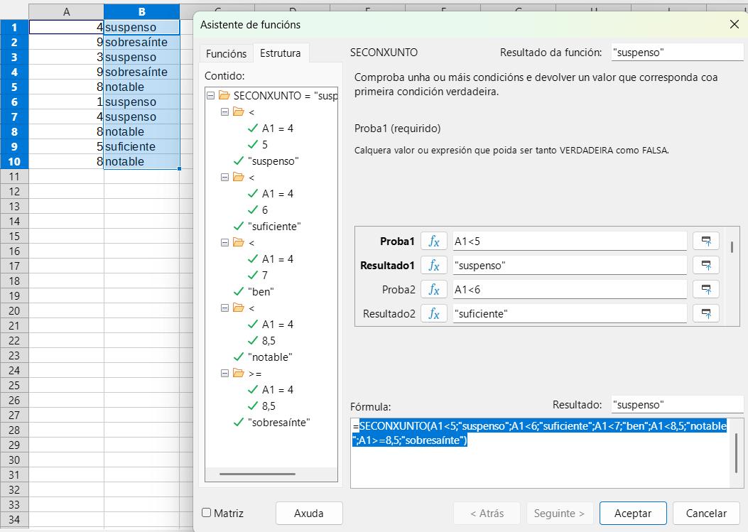 Exemplo de emprego da función SECONXUNTO para clasificar notas numéricas como notas de letra
