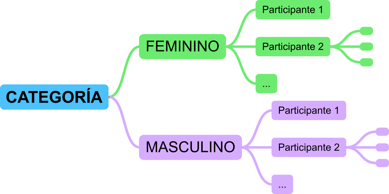 Mapa mental co resumo de datos por categoría: datos dos participantes femininos e masculinos, con tres intentos por participante