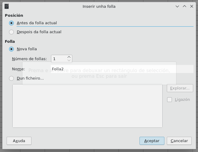 Captura do cadro inserir unha folla de Calc
