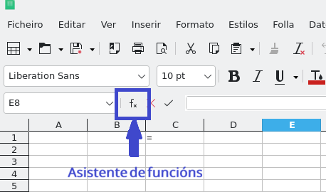 Captura de pantalla de LibreOffice Calc no que se amosa o botón do asistente de funcións, identificado cun