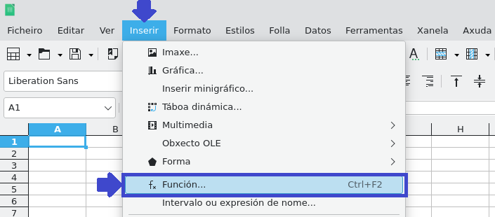 Captura de pantalla de LibreOffice Calc na que se amosa o botón inserir e o despleglable coa opción de