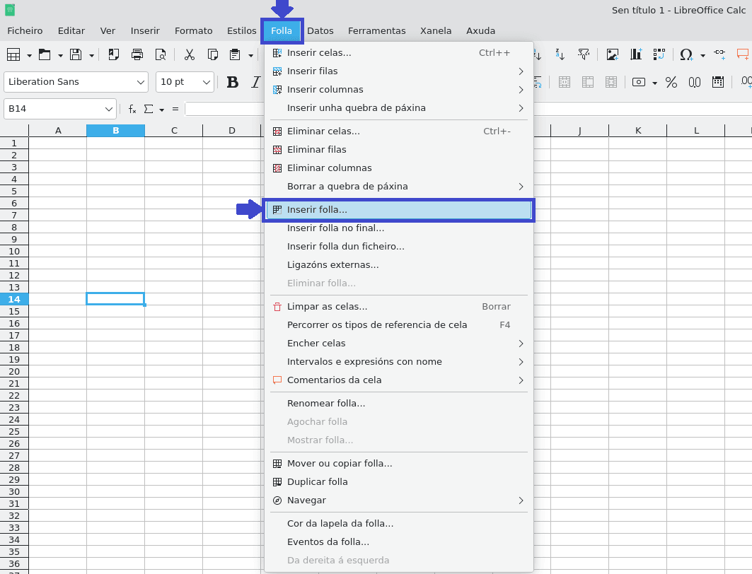 Captura de pantalla do Menú folla de LibreOffice Calc