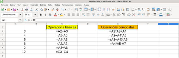 Na imaxe pódese ver unha captura de pantalla de unha folla de cálculo na que se fan operacións aritméticas