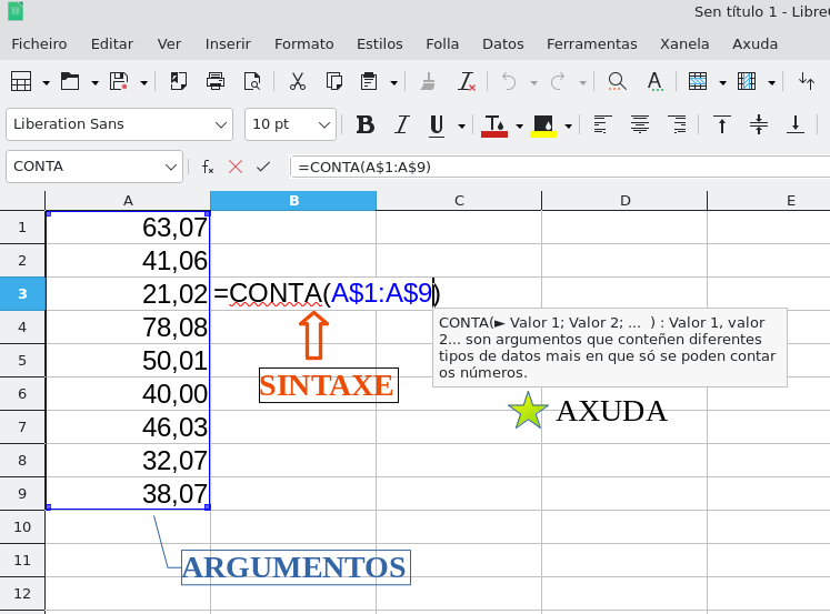 Captura de pantalla da sintaxe da función conta.