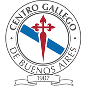 Escudo coa cruz de Compostela no centro, unha liña diagonal en azul no fondo (imitando a da bandeira galega) inseridos en dous círculos concéntricos co nome do centro: