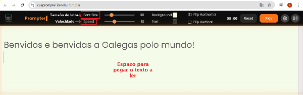 Captura de pantalla de Cueprompter (cREAgal) Captura de pantalla dunha ferramenta de teleprompter online na que se amosa a interface coas opcións dispoñibles