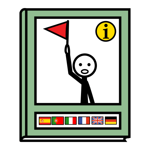 Pictograma dunha persoa que fai de guía e proporciona información sobre diferentes países, representados na parte inferior da imaxe por bandeiras.