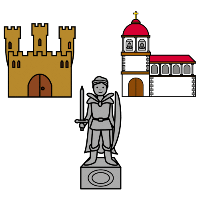 Monumento (ARASAAC) Pictograma onde se amosan varios monumentos: un castelo, unha igrexa e unha estatua.
