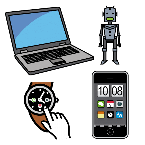 Pictograma con diferentes dispositivos electrónicos: un ordenador, un teléfono móbil, un reloxo e un robot.