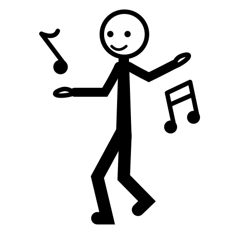 Pictograma de unha persoa bailando con notas musicais ao redor. 