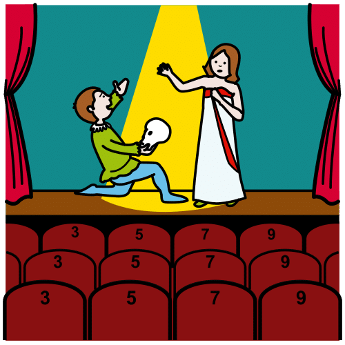 Teatro con butacas e un escenario con dúas persoas actuando.