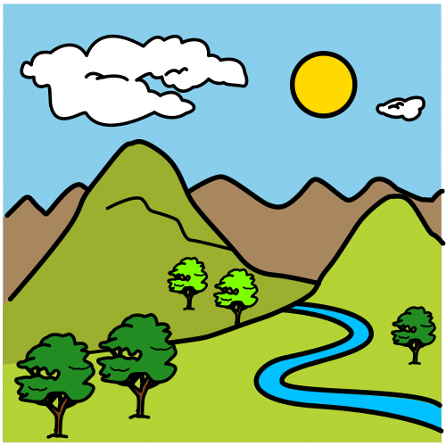 Pictograma da paisaxe dunha montaña e un río nun día soleado. .