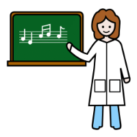 Profesora de música diante do encerado.
