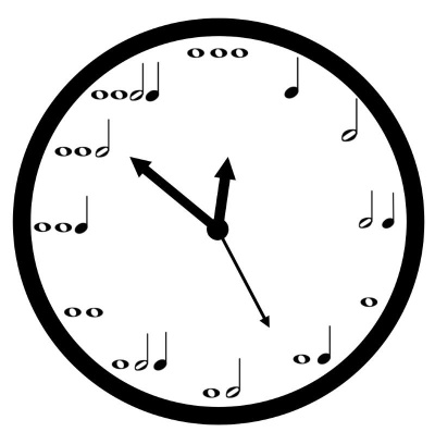 Reloxo analóxico con figuras musicais en lugar de números para establecer as equivalencias dos números.