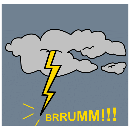 Un raio saíndo dunha nube e a onomatopeia de Brrumm!!!