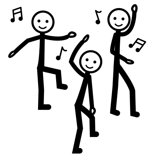 Pictograma de tres persoas bailando con notas musicais ao redor.