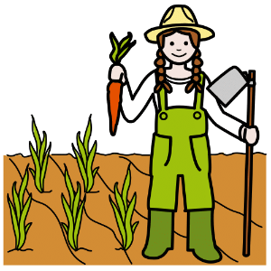 Una agricultora en un campo, sosteniendo una zanahoria y una azada.
