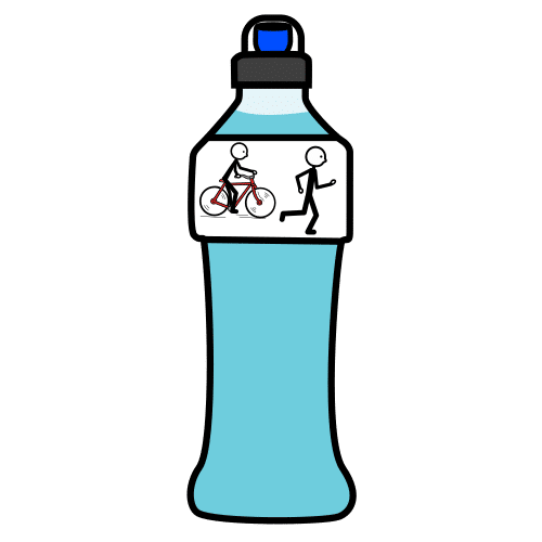 Botella de bebida isotónica con una etiqueta con una persona en bicicleta y otra corriendo. 