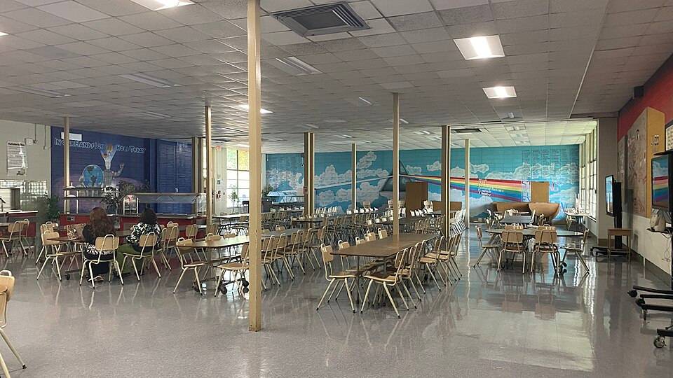Cafetería - Caddo Magnet High School 01 Cafetería escolar con mesas alargadas y sillas a ambos lados.