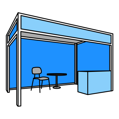 Imagen de un estand azul con techo y un pequeño mostrador frontal. En su interior, hay una mesa y una silla.
