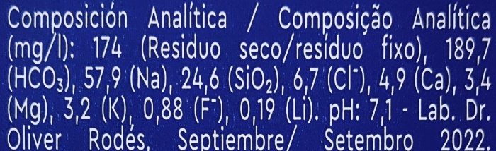 Etiqueta de agua embotellada con su composición.