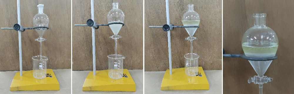 Decantación (cREAgal) Pasos del proceso de decantación de agua y aceite en un embudo de extracción.