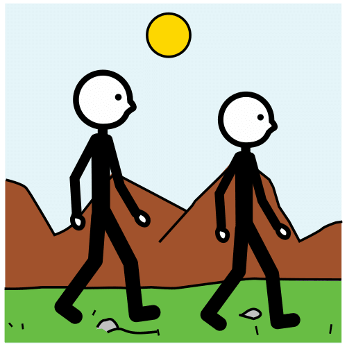 Dos personas dan un paseo por el campo en un día soleado.