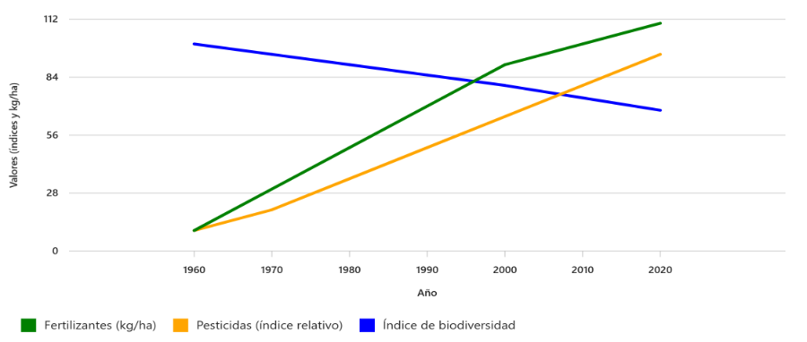Gráfica que muestra cómo a medida que ha aumentado el uso de fertilizantes y pesticidas, ha disminuido el índice de biodiversidad en el planeta.