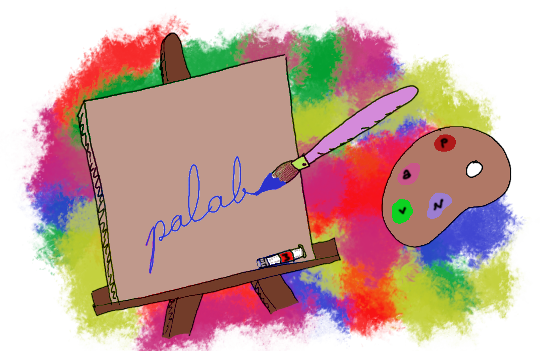 Pincel e cabalete con lenzo onde se pinta a palabra Palabra.