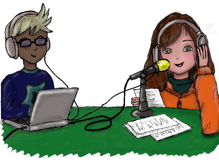 Radio (cREAgal) Un neno e Sabela sentados diante dun ordenador e dun micrófono locutando.