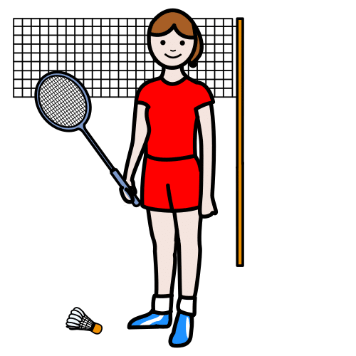 Xogadora de bádminton con raqueta e pluma. Tamén hai unha rede