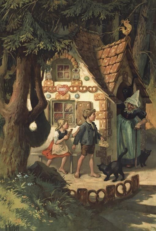 Hansel y Gretel hablando con una mujer