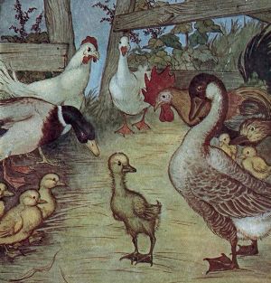El patito feo en medio de otros patos y gallinas