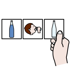 Tarjetas con una secuencia: botella llena, alguien bebe, botella vacía.