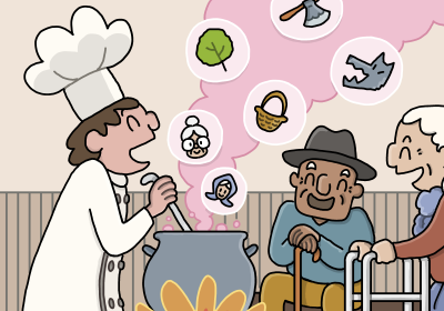 Una persona vestida de cocinero, cocinando algo en una gran olla y dos personas mayores que escuchan lo que les cuenta